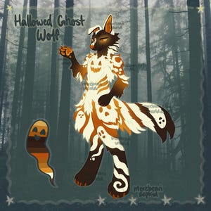 May include: A digital illustration of a Hallowed Ghost Wolf character featuring brown, orange, and cream fur with pumpkin and ghost patterns. The anthropomorphic wolf has amber eyes, pointed ears, and a long tail. A small ghost icon is included.