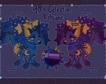 May include: Illustration of two celestial kitsune foxes, one teal and one purple, with star and moon details. The foxes have yellow ears and tails, and wear blue bandanas. A sun-moon emblem is between them. Text reads "90's Celestial Kitsune".