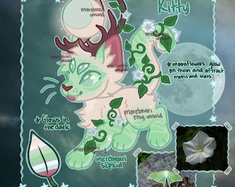 May include: A digital illustration of a green and cream-colored cat-like creature with antlers and vines, labeled "Moon Bloom Kitty." The image includes text that says "Glows in the dark" and "moonflowers grow on them and attract moths and bats."