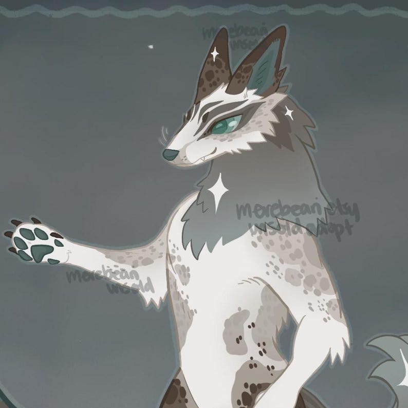 May include: Digital illustration of a stylized anthropomorphic wolf-like creature. The character has a white and grey body with brown spots and accents. It has green eyes, pointed ears, and a paw raised. The image has text that says "morebean etsy" and "world".