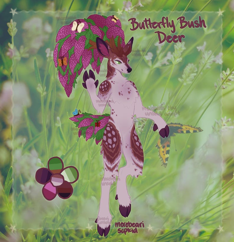 May include: Digital illustration of a deer-like creature with a butterfly bush headdress and accents. The creature has a light pink body with brown spots and markings. The text "Butterfly Bush Deer" is displayed above the creature.