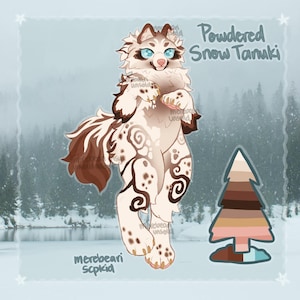 May include: Illustration of a fluffy, white and brown creature with blue eyes, labeled "Powdered Snow Tanuki." The creature has brown markings and is standing on its hind legs. A color palette of a tree is to the right, and the artist's name is at the bottom.