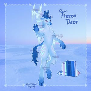 May include: Digital artwork featuring a Frozen Deer character in blue hues, with ice-like antlers and a flowing tail. The image includes the text "Frozen Deer" and a colourful, abstract shape.