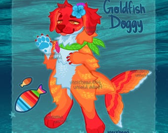 May include: A digital illustration of a dog-like creature with a goldfish tail and fins. The creature is primarily orange and red, with a blue flower and green leaves. The text "Goldfish Doggy" is written in blue.