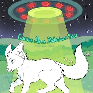 May include: A cartoon illustration of a white canine being abducted by a UFO. The UFO is gray and red with a green alien inside. The background features a night sky with stars, a moon, and a green field with cows. Text reads "Canine Alien Abduction Base".