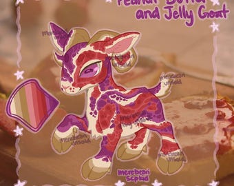 May include: A cartoon goat with red, white, and purple spots. The goat is standing on a brown surface with a pink border. The text "Peanut Butter and Jelly Goat" is written in pink at the top of the image.