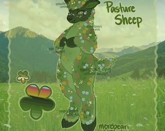 May include: Digital illustration of a green sheep with floral patterns, standing in a grassy field with mountains in the background. The sheep has a dark green face and is adorned with colorful flowers. Text reads "Pasture Sheep".