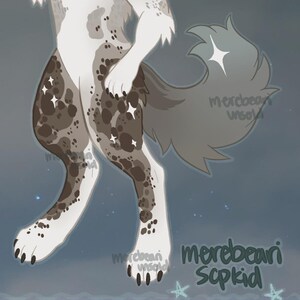 May include: Illustration of a canine creature with white and brown spotted legs and a gray tail. The artwork features star-shaped accents and the text "merebeari Scpkid". The overall theme is fantasy art.