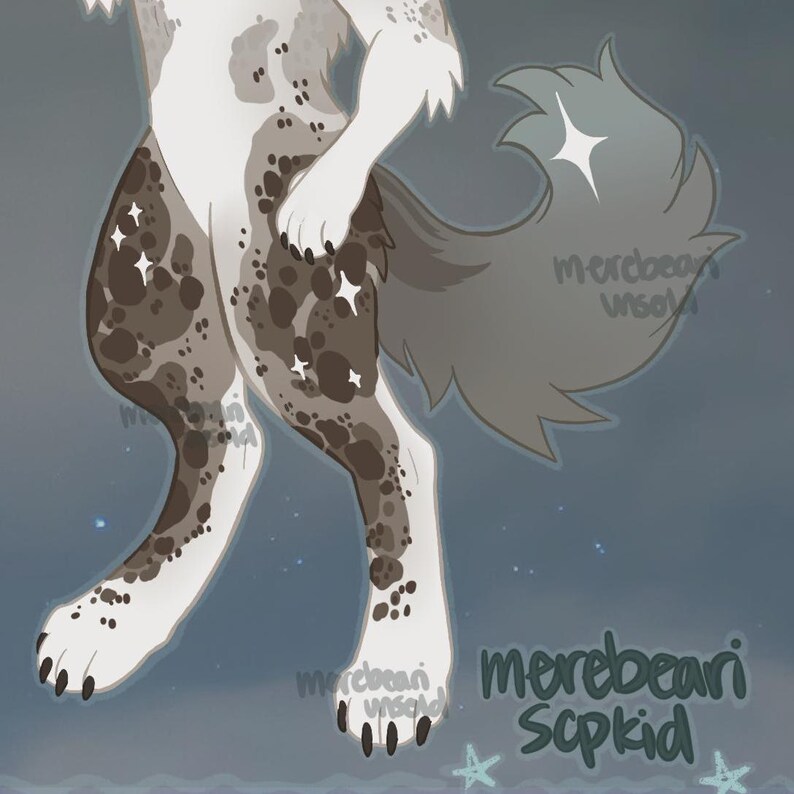 May include: Illustration of a canine creature with white and brown spotted legs and a gray tail. The artwork features star-shaped accents and the text "merebeari Scpkid". The overall theme is fantasy art.