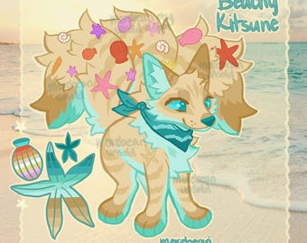 May include: A cartoon fox illustration with multiple tails, adorned with seashells and starfish. The fox features tan fur with teal accents, blue eyes, and a blue bandana. The text "Beachy Kitsune" is displayed above the fox.