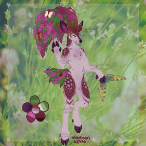 May include: A digital illustration of a deer-like creature with a floral headdress and accents. The creature has a light pink body with brown spots and markings. Butterflies and a flower are also included in the design. The artist's signature is visible.