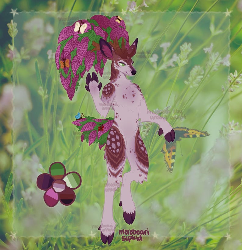 May include: A digital illustration of a deer-like creature with a floral headdress and accents. The creature has a light pink body with brown spots and markings. Butterflies and a flower are also included in the design. The artist's signature is visible.