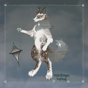 May include: Digital illustration of a wolf-like creature with a white and brown spotted coat, standing on its hind legs. The artwork features a stylized design with a star-shaped accent and a muted color palette, set against a starry background.