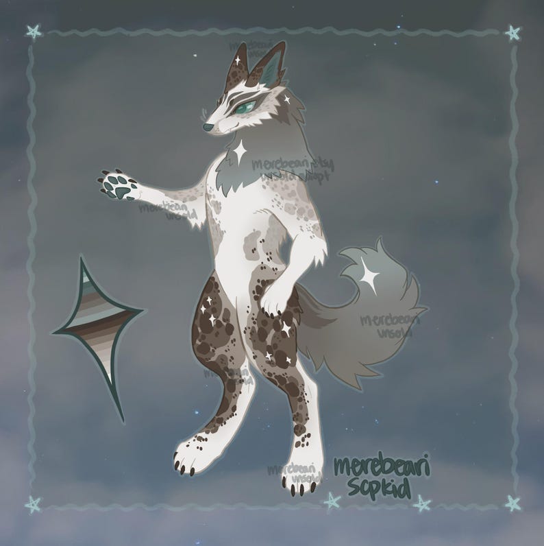 May include: Digital illustration of a wolf-like creature with a white and brown spotted coat, standing on its hind legs. The artwork features a stylized design with a star-shaped accent and a muted color palette, set against a starry background.