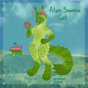 Puede incluir: Ilustración de un Gato Siamés Alienígena verde con ojos azules y detalles rosas. La imagen incluye el texto "Alien Siamese Cat" y un diseño en forma de estrella. El fondo muestra un paisaje.