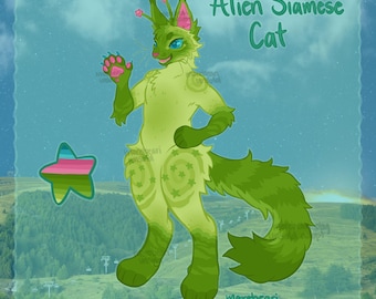 May include: Illustration of an Alien Siamese Cat in shades of green, with blue eyes and pink accents. The artwork features the text "Alien Siamese Cat" and a colorful star-shaped design. The background shows a landscape.