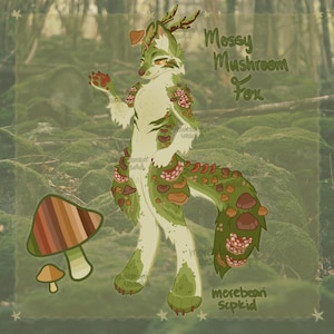 May include: A digital illustration of a fox-like creature with a mossy and mushroom theme. The creature is primarily green and white, with brown and red mushroom accents. The text "Mossy Mushroom Fox" is visible.