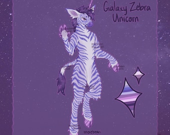 May include: Illustration of a Galaxy Zebra Unicorn with a purple and white striped body, a horn, and a dark purple mane. The background is a starry purple sky. The text "Galaxy Zebra Unicorn" is in the upper right corner.