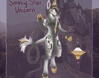 May include: A digital illustration of a unicorn named "Smoky Star Unicorn" with a gray and white body, gold hooves, and a golden horn. The unicorn has a flowing tail and mane, with decorative swirls. The background features a castle and a bridge.