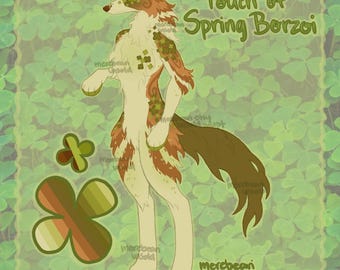 May include: An illustration of a Borzoi dog with a touch of spring. The dog is depicted in shades of white, brown, and green, with a long tail and fur. The text "Touch of Spring Borzoi" is written in green.