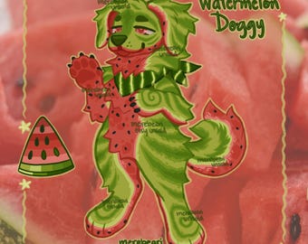 May include: A whimsical illustration of a dog designed to resemble a watermelon. The dog has green and red fur with black seed details, a watermelon slice, and the text "Watermelon Doggy". The background is a blurred image of watermelon slices.