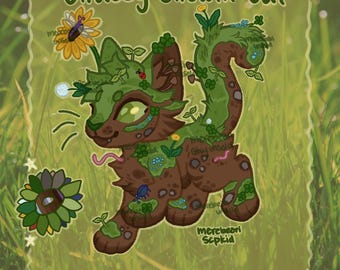May include: Digital illustration of a "Grassy Growth Cat". The cat is brown and green, covered in grass, flowers, and insects. A sunflower and a stylized flower are also present. The image has a green and brown color scheme.
