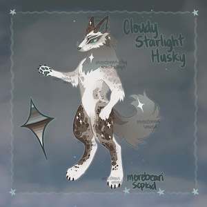 May include: Digital illustration of a standing husky with a white and brown spotted coat, green eyes, and a fluffy tail. The text "Cloudy Starlight Husky" is written in green script. A star-shaped design is in the lower left corner.
