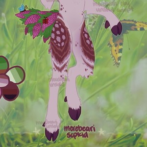 May include: Digital artwork of a fantasy creature with pale pink fur, dark burgundy markings, and purple hooves. It features a floral accessory with pink and green leaves, and a butterfly. The text "morebeari supkid" is at the bottom.