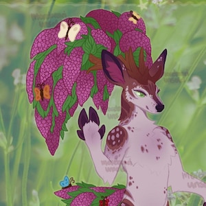 May include: A digital illustration of a deer-like creature with a floral headdress and accents. The creature has a light brown and white body with purple spots and green eyes. Butterflies are scattered throughout the image, adding a whimsical touch.