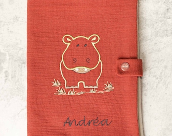 Personalized health book protector - Hippopotamus pattern embroidery