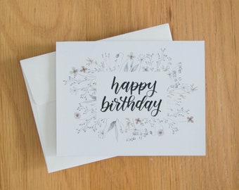 Handwritten Birthday Card, Happy Birthday Card for Her, Greeting Card for Girlfriend, Handmade Birthday Card, Wildflower Wreath