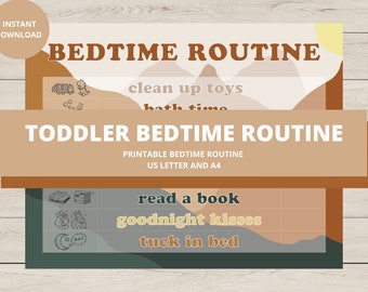 May include: Printable bedtime routine chart for toddlers with illustrations of a garbage truck, bath time, a book, a moon, and stars. The chart has a brown, peach, and green color scheme and the text "Bedtime Routine" and "Toddler Bedtime Routine" in white.