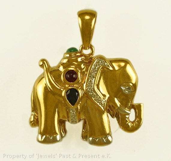 Anhänger Elefant mit Rubin, Saphir, Smaragd 750er Gold