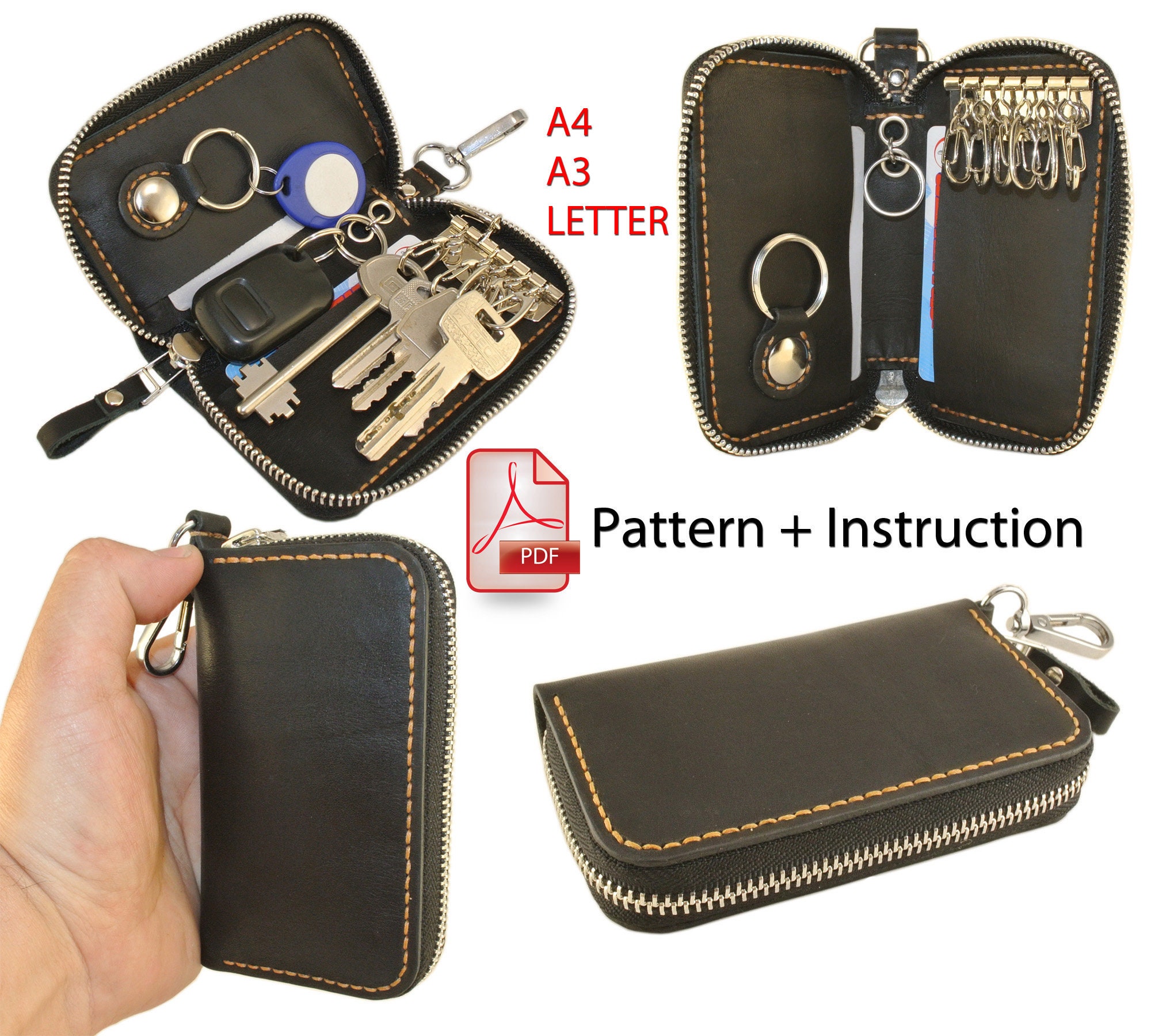 Pattern of a leather key holder with a zipper with slots for Etsy