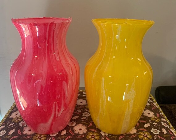 UNIQUE GLASS VASE/Pink or Yellow glass vase/flow art glass vase/hand poured flow art up cycled glass vase/colorful vase for flowers/flow art