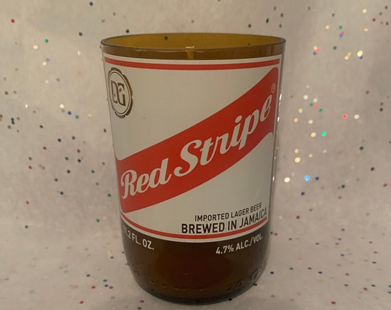 RED STRIPE recycled upcycled beer bottle orange chili scented soy wax candle/beer bottle candle/scented soy wax candle/beer bottle candle