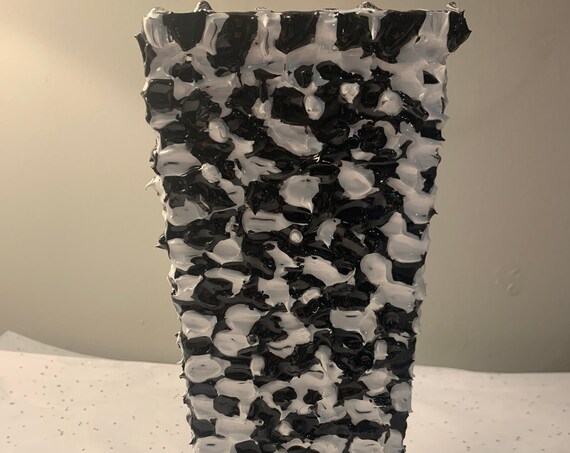 GLASS VASE/UNIQUE hand painted heavy textured glass vase/up cycled palette knife hand painted unique glass vase/black and white glass vase