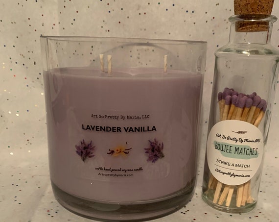 LAVENDER VANILLA scented soy wax candle & BOUJEE matches gift set/luxury candle/spa gift/elegant candle with fancy matches/32oz wax