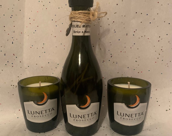 LUNETTA PROSECCO recycled upcycled scented soy wax candles with BOUJEE Matches Gift Set/candles & Matches with Striker gift set/mini bottles