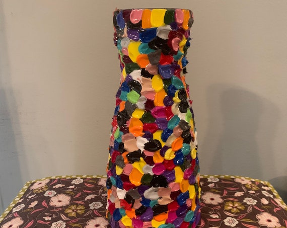 COLORFUL GLASS VASE/unique hand painted glass vase/heavily textured colorful hand painted glass vase/unique vase for flowers/palette knife