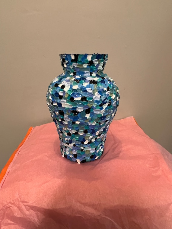 EXTRA LARGE VASE/highly textured palette knife blue glass vase/hand painted unique vase/modern vase/holiday gift ideas for him or her