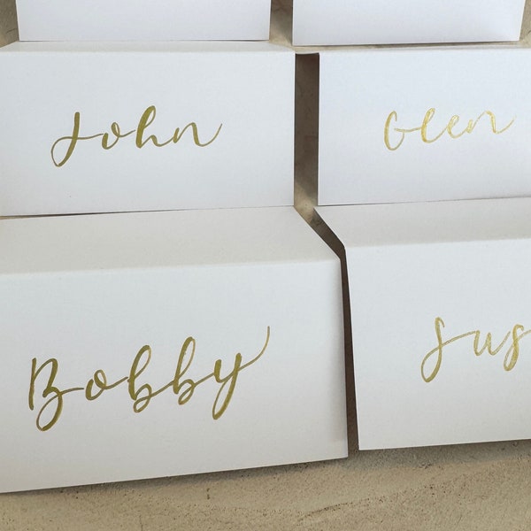 Calligraphy Wedding Place Cards, Gold Foil Place Card,  Bridal Shower Place Cards,  Tented Gold Place Cards, Unique Place Cards, Place Card