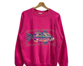 PICK!! Vintage 80s Fish Design Big Print Sweatshirt Hawaii Wear Sweater Jumper Size L