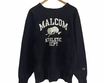 PICK!!Vintage Champion Reverse Weave Sweater Pullover Malcom Athletic Dept Champion Crewneck Big Logo Spellout Champion Sweatshirt Size XL
