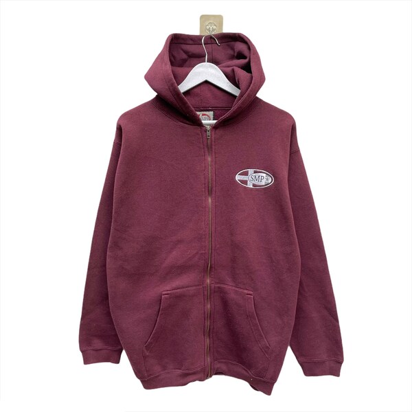 Pick! Vintage 90s SMP Skateboard  Sweater Hoodie Maroon Fullzip Fashion Small Logo Embroidered Size L