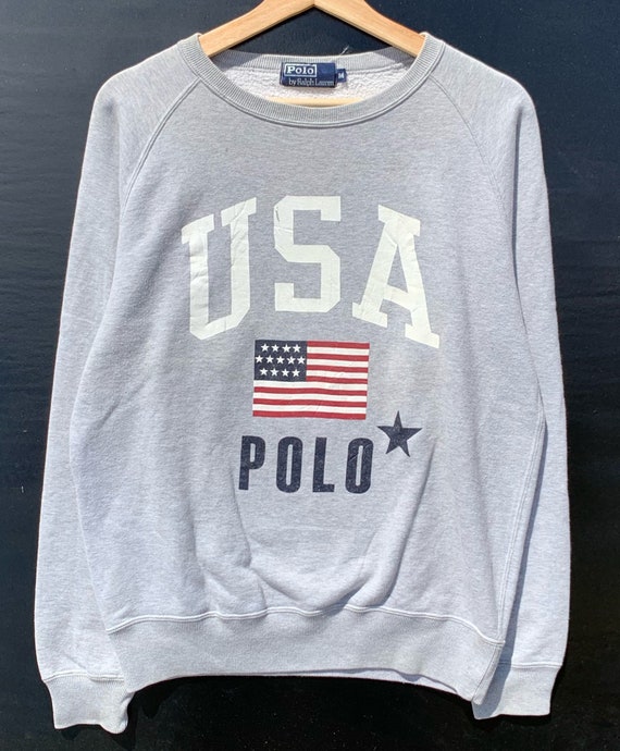 Polo Ralph Lauren Vintage American Flag Sweatshirt USA Pullover Grey Large
