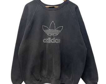 PICK!! Vintage 90s Adidas Sweatshirt Made in USA Sunfaded Black Adidas Crewneck Sweater Pullover Big Logo Embroidered Size XL