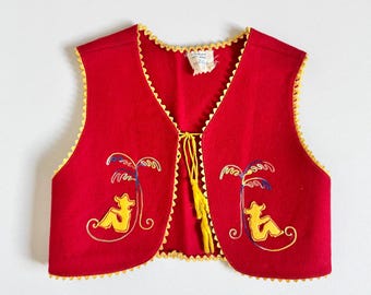 Chaleco vaquero vintage de lana con bordado de los años 60, rojo, talla 4-6