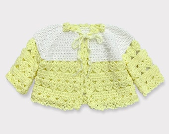 Vintage Hand Knitted Crochet Sweater Cardigans Pastel Yellow/White 0-6M