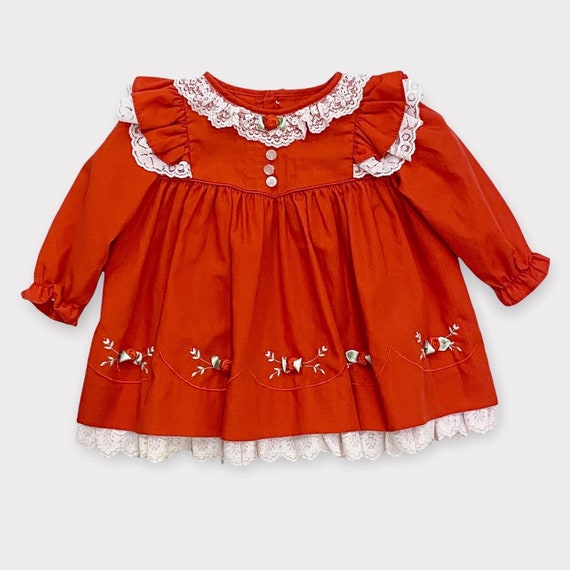 Vintage Rose×Lace Apron Dress Red (6-12M) - image 1